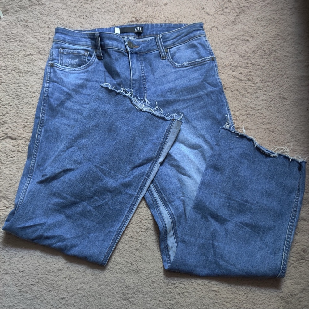 Kut from the Kloth Kelsey High Rise Ankle Flare Jeans 8 Two Tone Blue Ripped Hem - Picture 2 of 12
